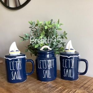 Rae Dunn Nautical Canister and set of 2 mugs with toppers